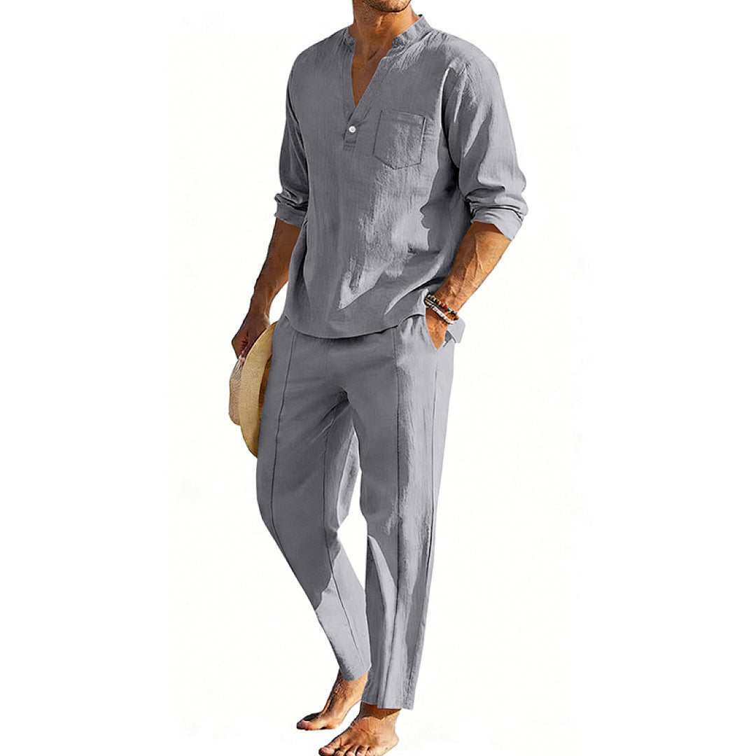 Conjunto informal de pantalón recto y camiseta Henley de manga larga para hombre