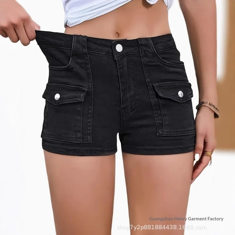 Pantalones cortos vaqueros elásticos multibolsillos para mujer
