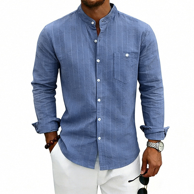 Camisa informal de manga larga con cuello alto y estampado jacquard de lino a rayas, corte holgado.