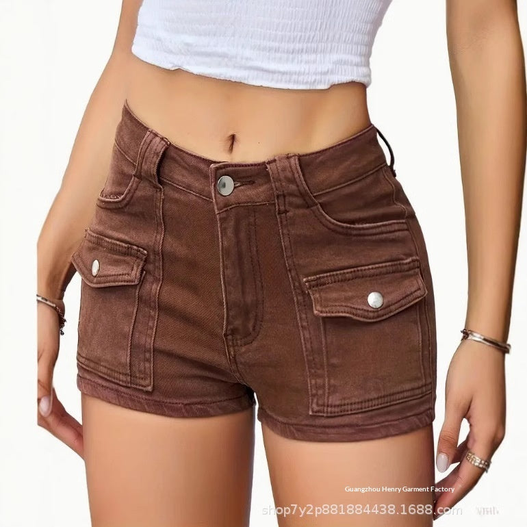 Pantalones cortos vaqueros elásticos multibolsillos para mujer