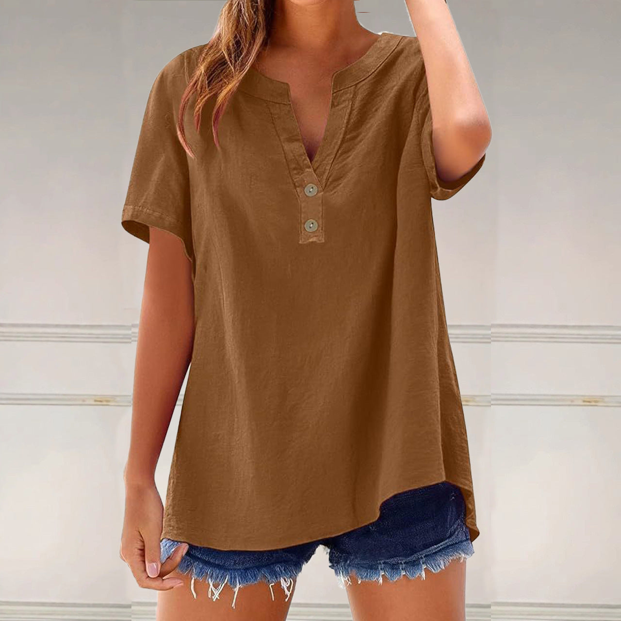 camiseta de mujer de algodón y lino, moderno y versátil.