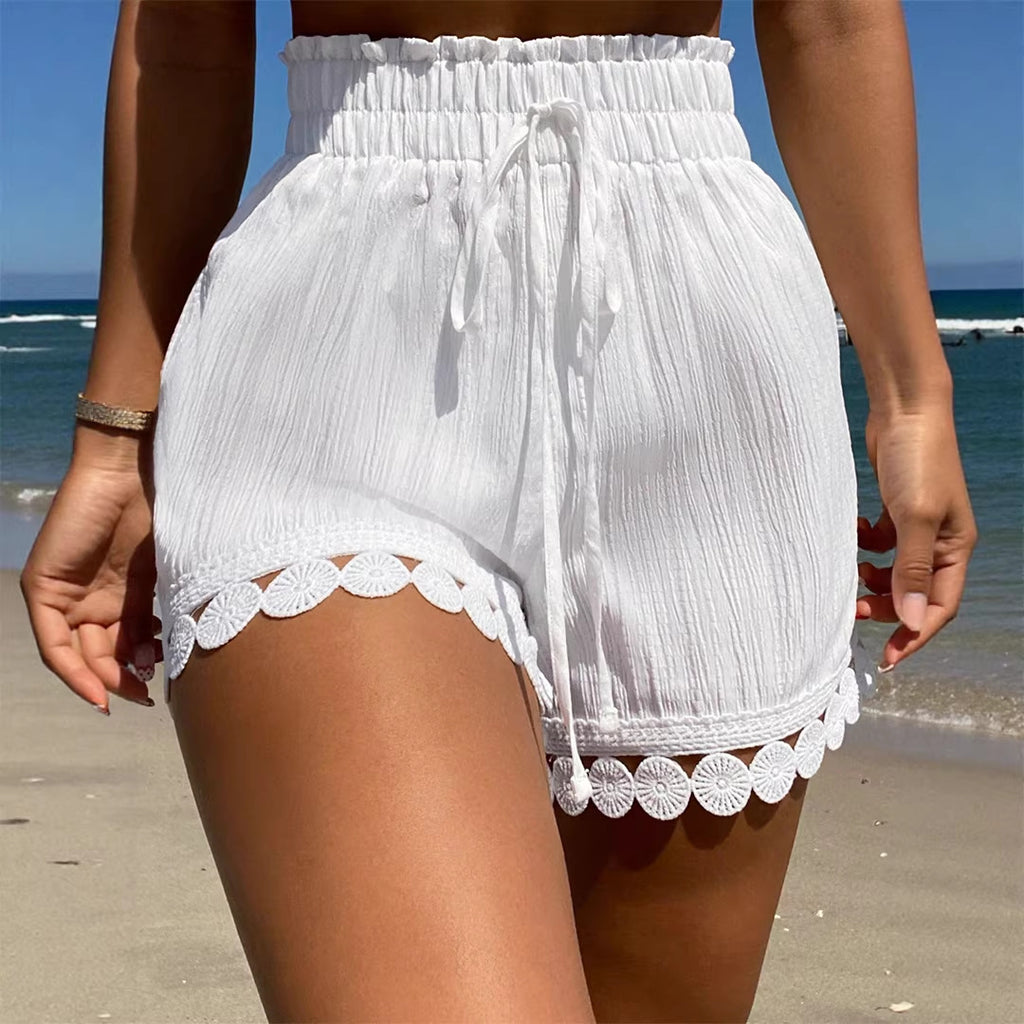 Pantalones cortos de playa informales con ribete de encaje para mujer