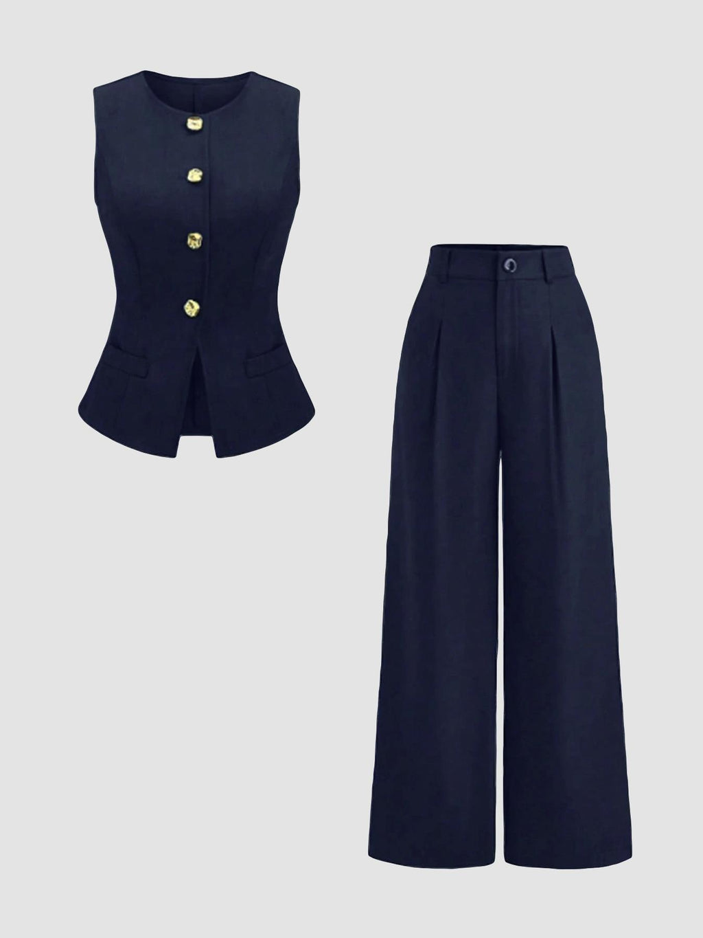 Conjunto de dos piezas informal de mujer, de talle alto y pierna ancha.