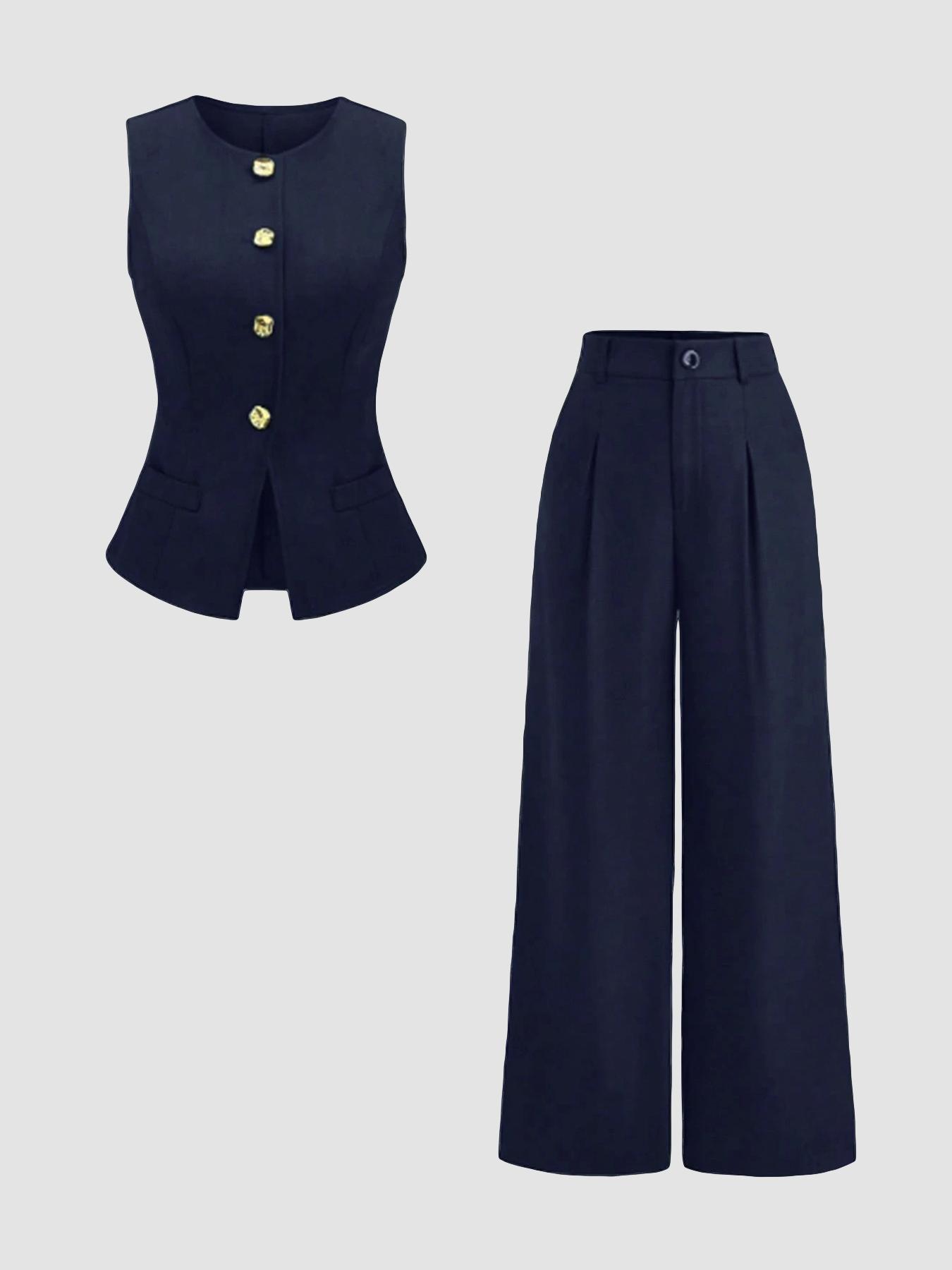Conjunto de dos piezas informal de mujer, de talle alto y pierna ancha.