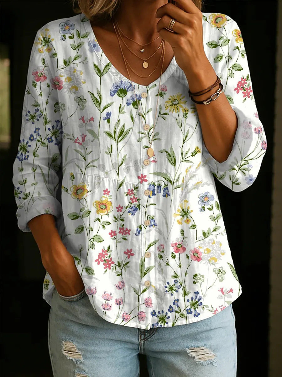 Camisa Henley para mujer con estampado floral en 3D