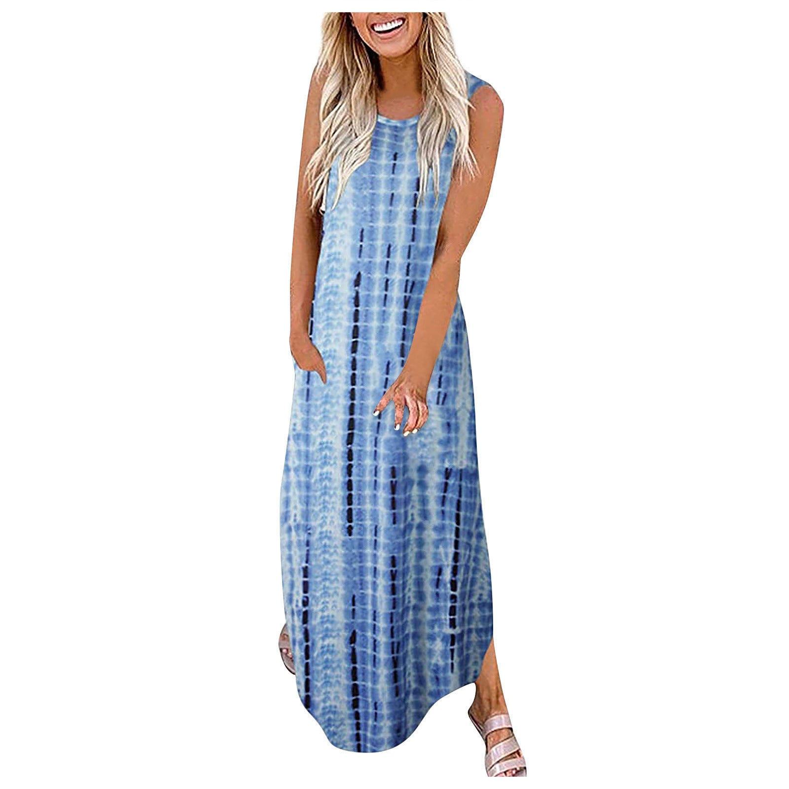 Sleeveless dress with irregular hem and print