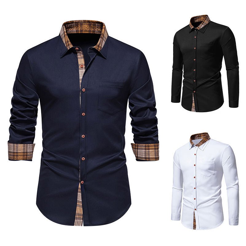 Camisa de manga larga para hombre con estampado de cuadros y costuras en contraste.