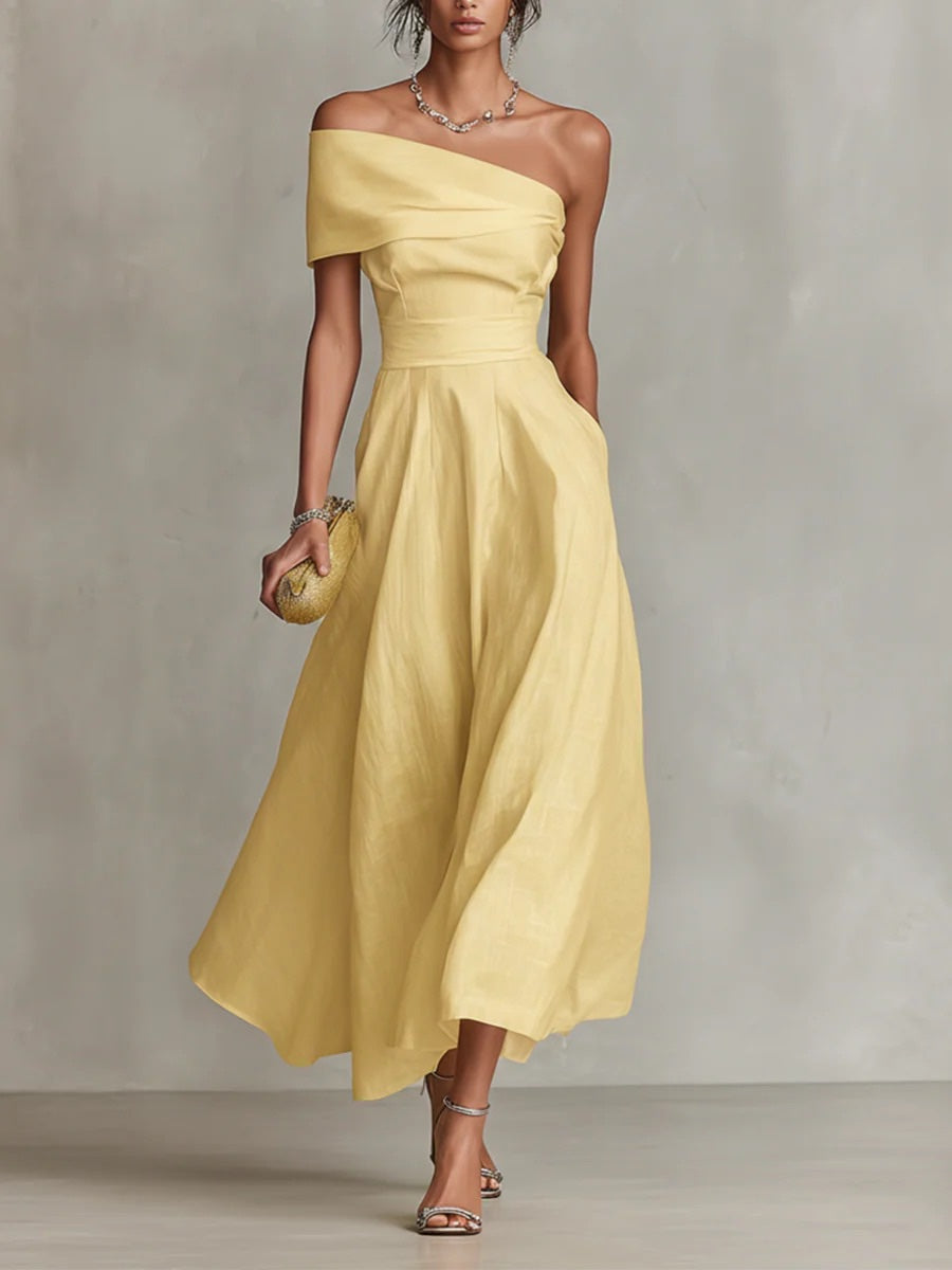 Elegant and Modern Sexy Yellow Off-Shoulder Dress for Women.