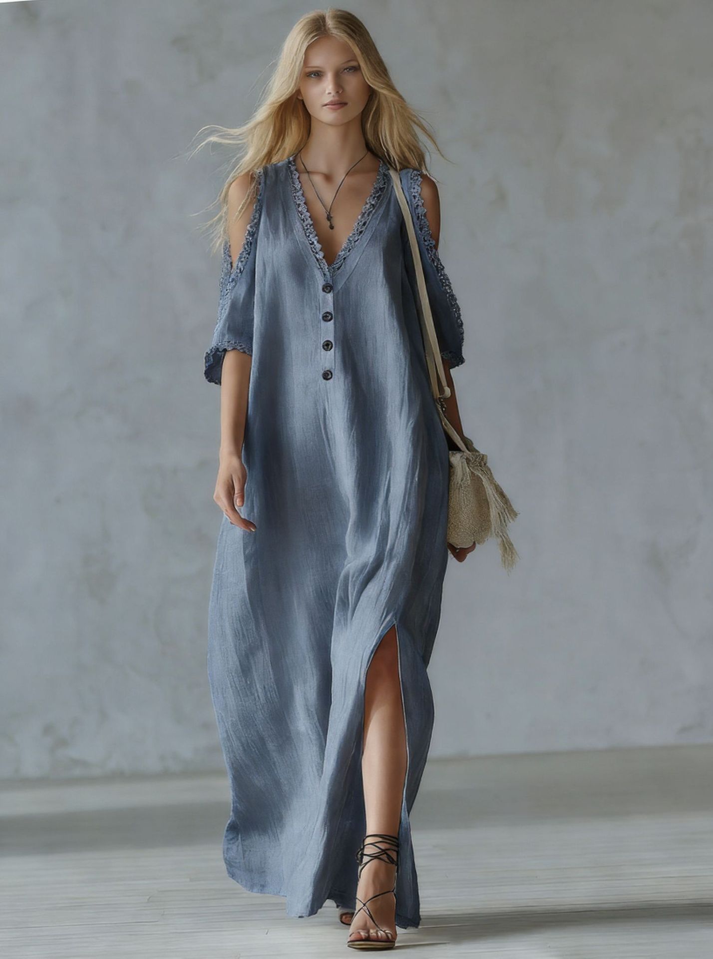 Nuevo vestido casual de mujer de corte holgado con ribete de encaje.