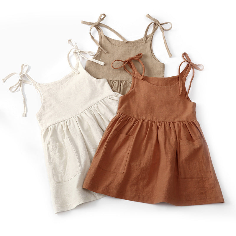 Vestido de Verano para Niña de Algodón y Lino con Bolsillo Lateral — Color Liso