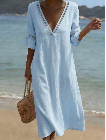 Vestido Holgado de Algodón y Lino con Encaje y Escote en V