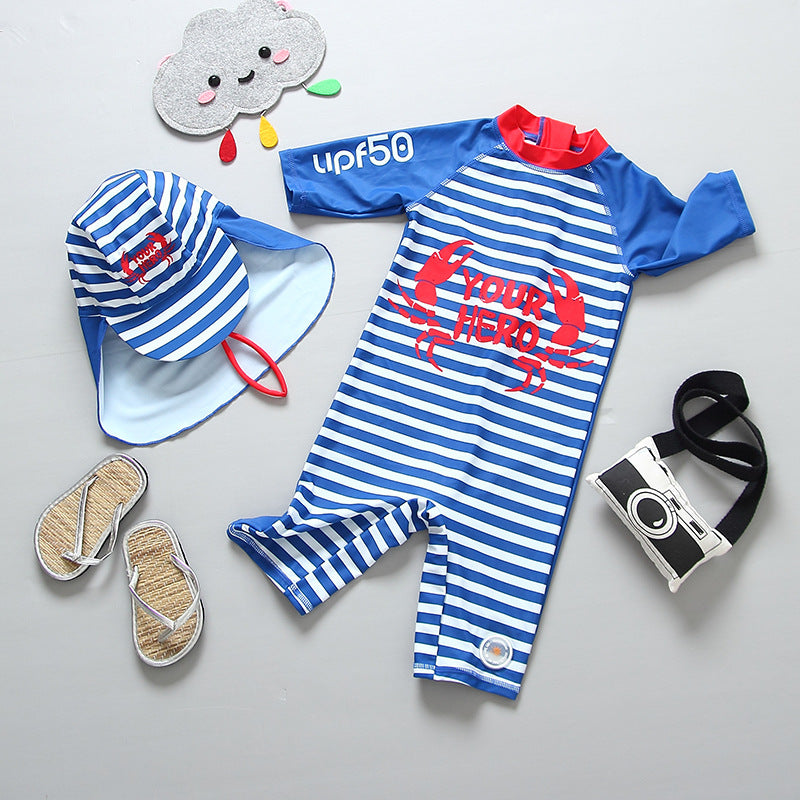Traje de Baño Infantil a Rayas Azul Marino con Gorro de Sol — Poliéster