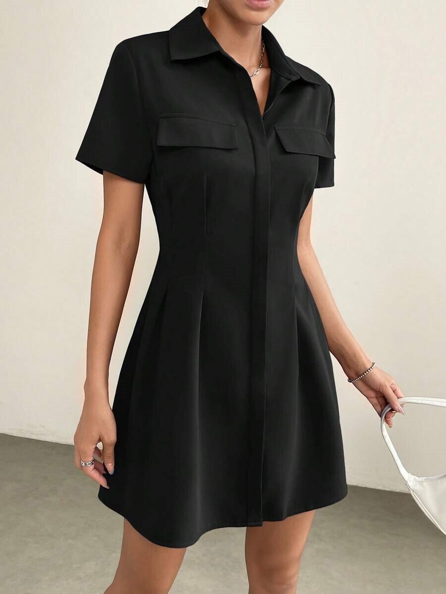Vestido Camisero Midi Plisado con Cuello Solapa y Cintura Marcada