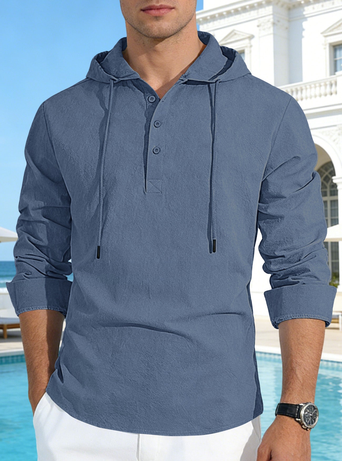 Camisa versátil de algodón y lino de color liso con botones, perfecta tanto para vacaciones como para uso diario.