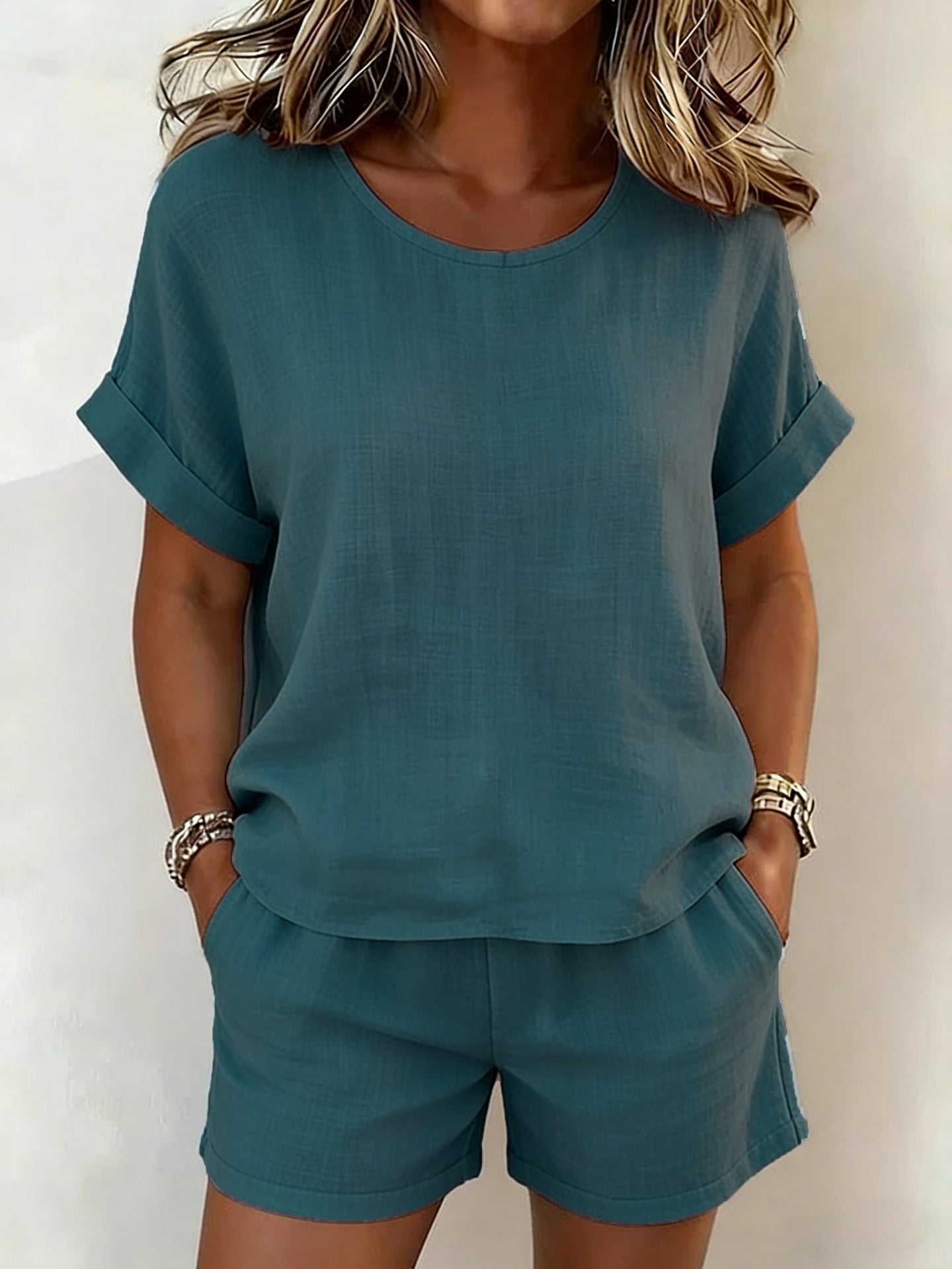 Conjunto Dos Piezas Informal Color Liso Cuello Redondo Manga Corta Mujer
