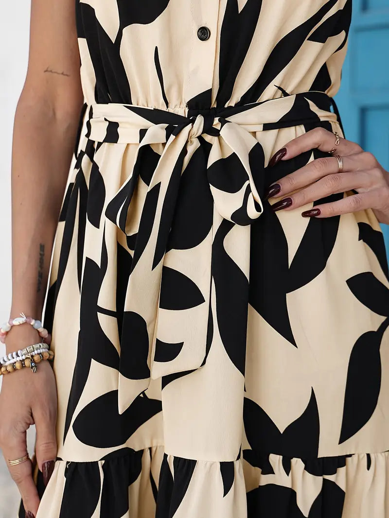 Elegant sleeveless printed shirt dress with ruffled hem