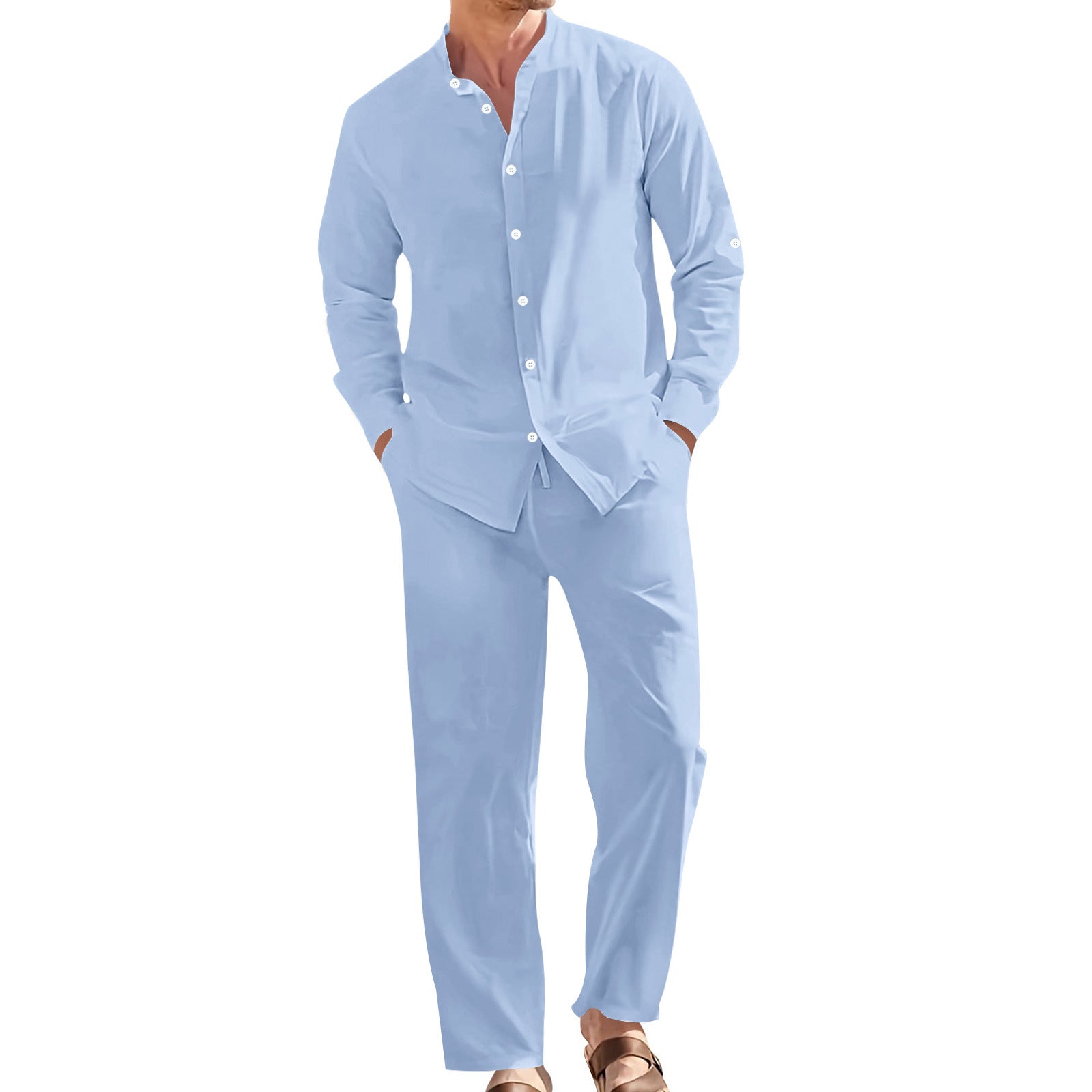 Conjunto de camisa informal de lino con cuello alto y pantalón holgado para hombre.