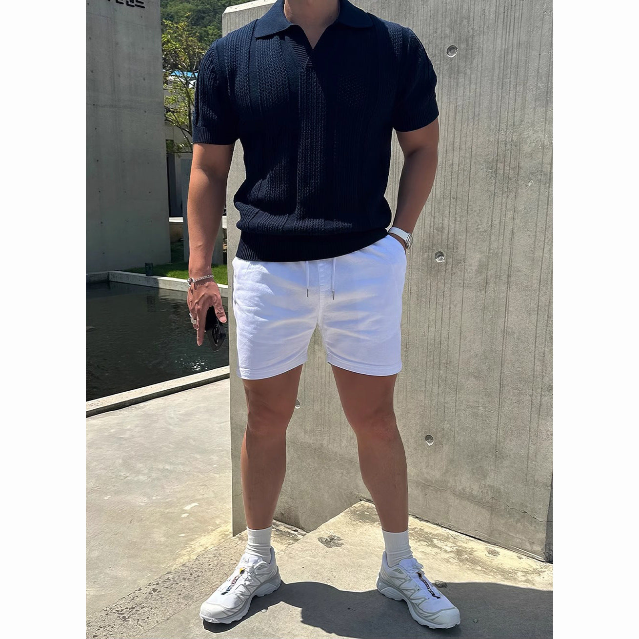 Polo de seda helada calada para hombre con cuello de solapa