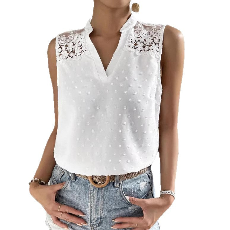 Camiseta Sin Mangas Jacquard Cuello Alto Escote en V Color Liso