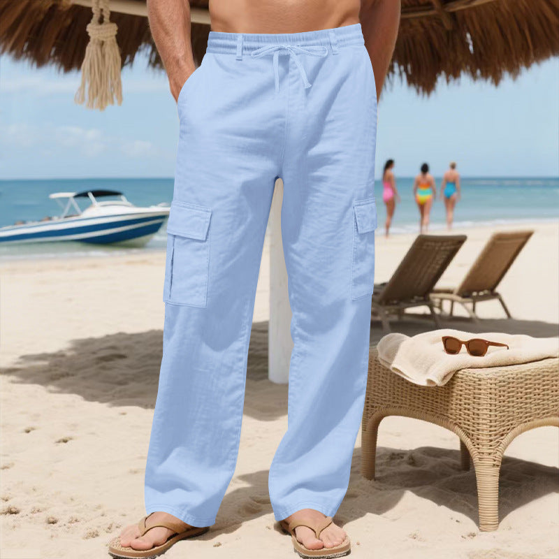 Pantalones de lino para hombre con cordón ajustable, múltiples bolsillos y pierna recta, ideales para el verano