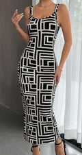 Sleeveless form-fitting dress with all-over geometric print.