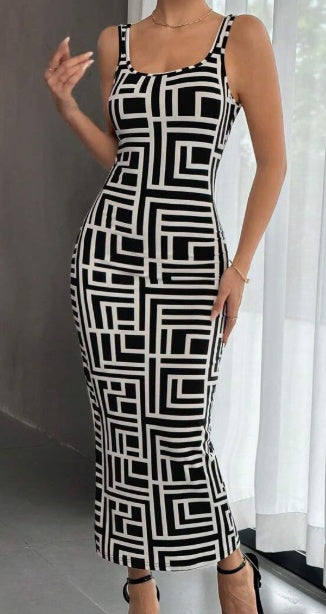 Sleeveless form-fitting dress with all-over geometric print.