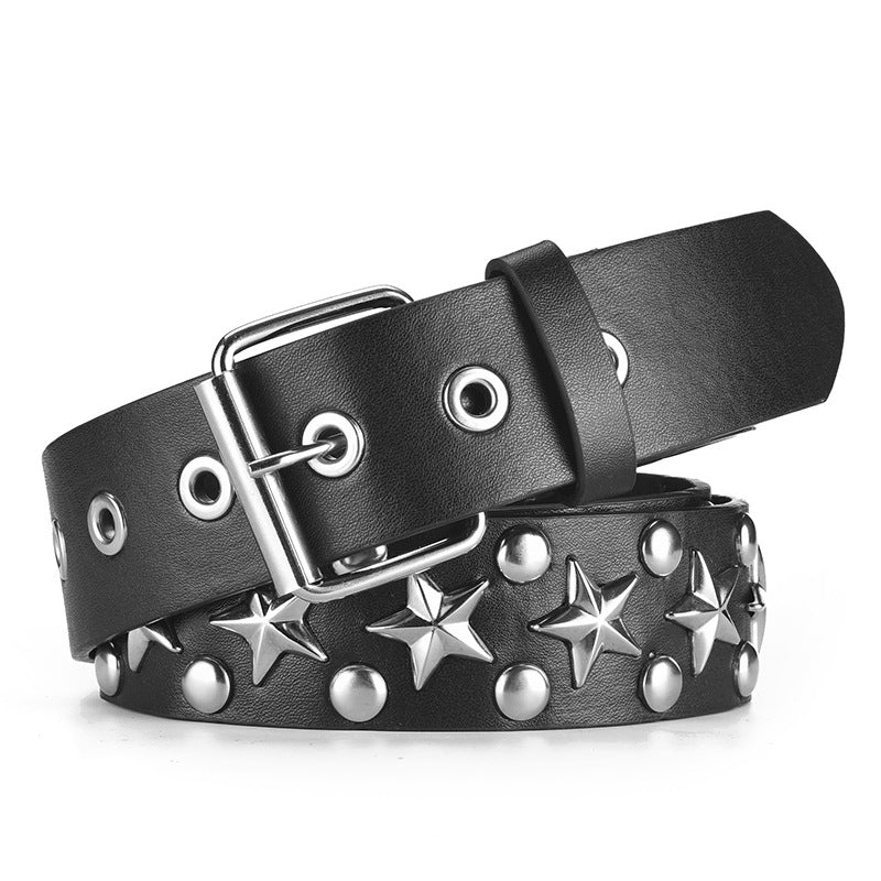 Cinturón de pantalón estilo punk con hebilla ancha y versátil, remache de estrella de cinco puntas.