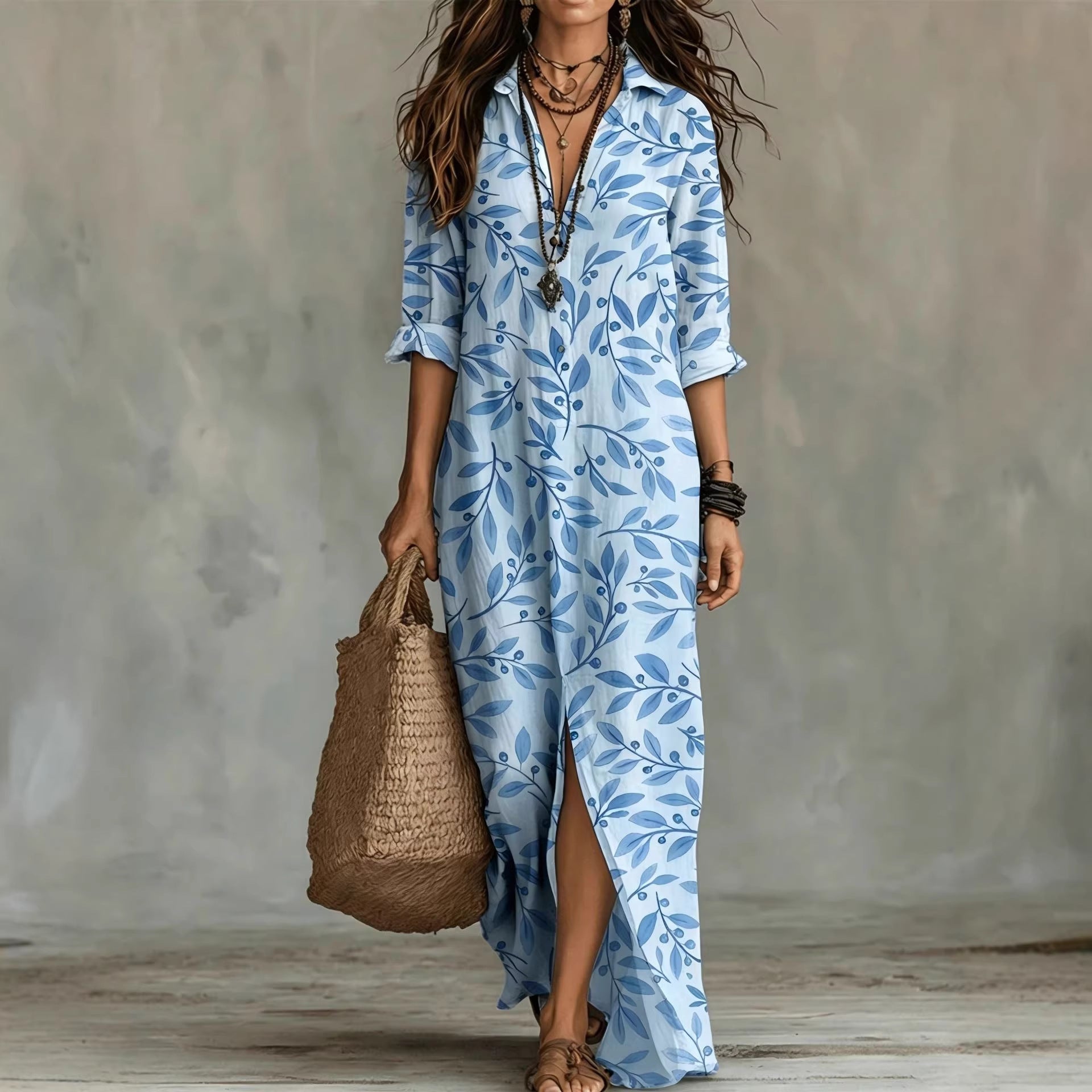 Vestido Camisero Largo con Estampado Digital para Mujer — Poliéster