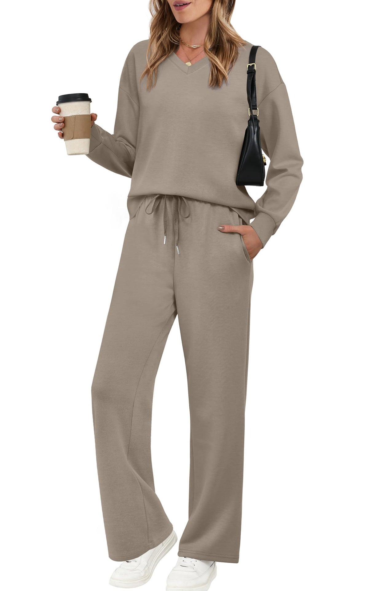 Conjunto de pantalón casual de color liso con cordón y manga larga