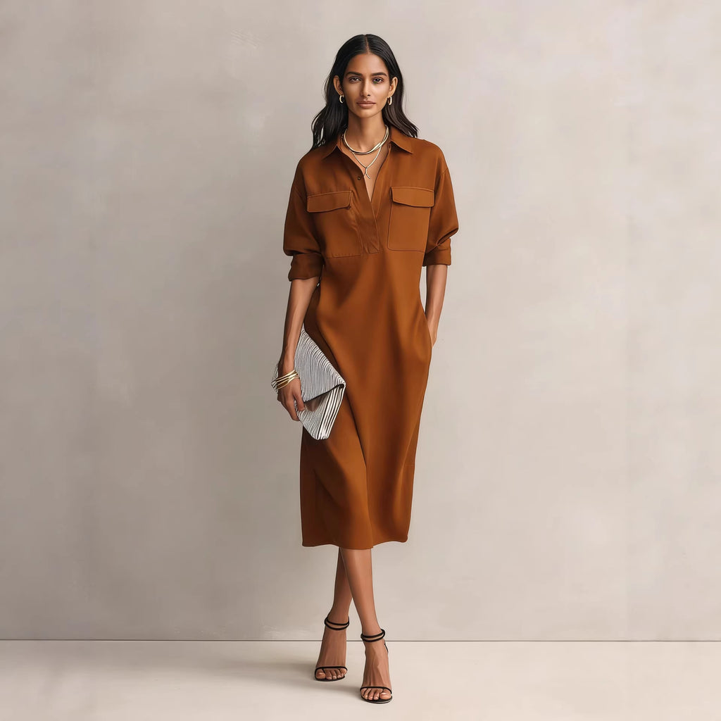 Women's French-style Elegant Commuter Shirt Dress With A Defined Waist, Slimming Fit
