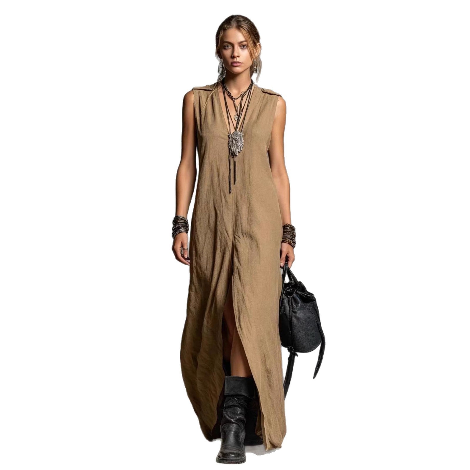 Long sleeveless V-neck dress with slit