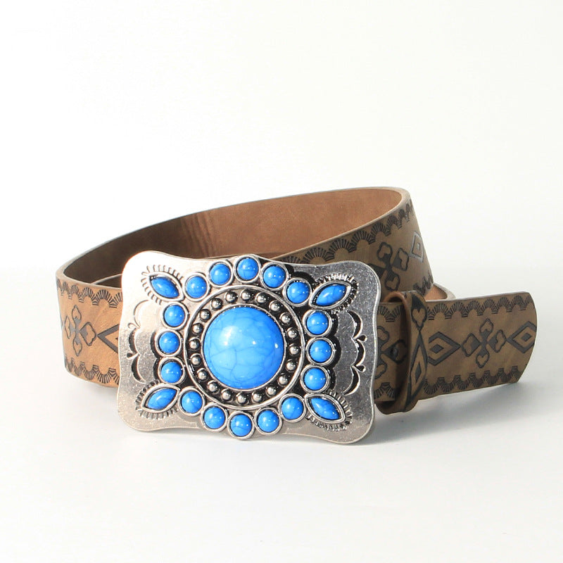 Cinturón con hebilla de aleación de plata antigua y azul turquesa con relieve retro