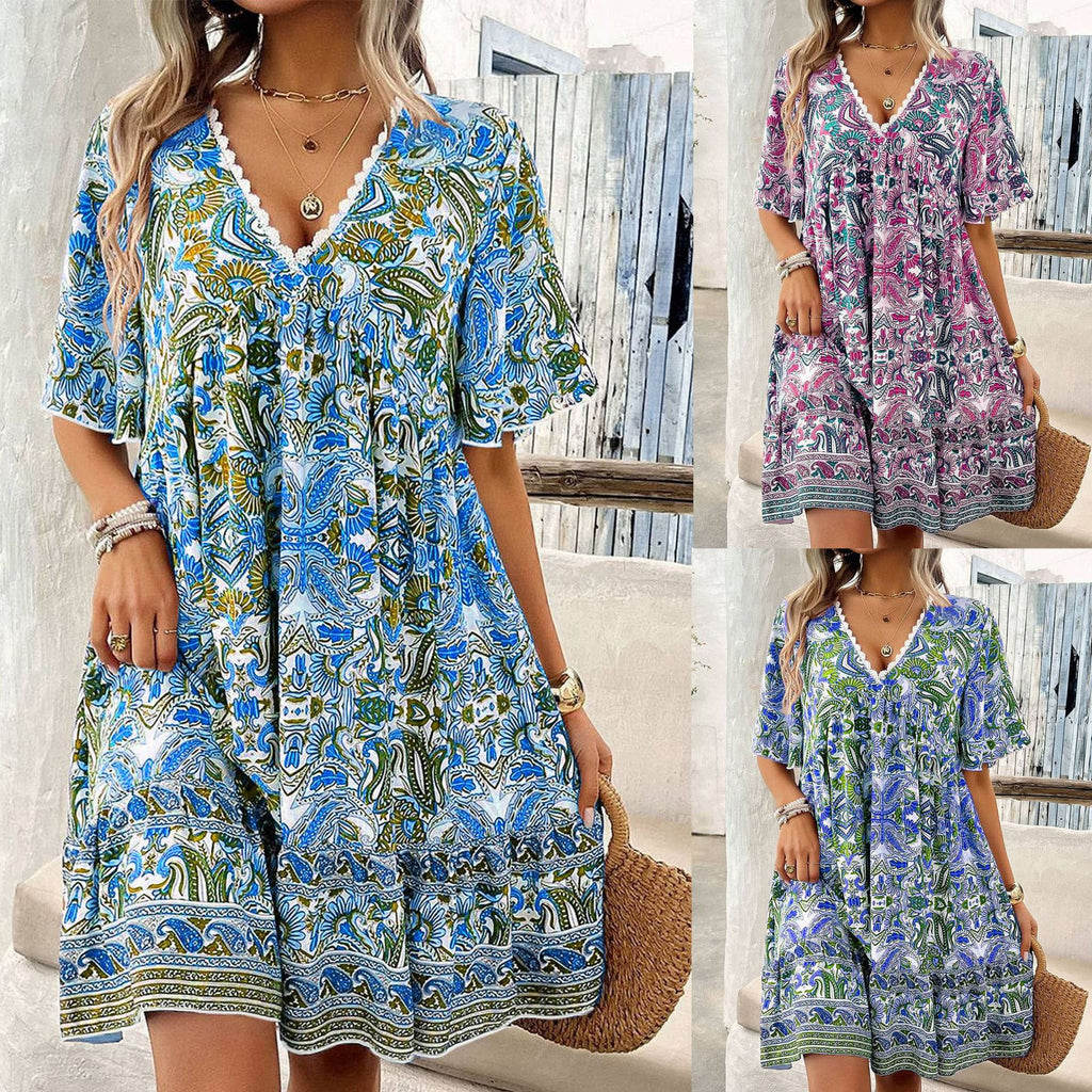 Printed V-neck short-sleeved dress, new spring collection.