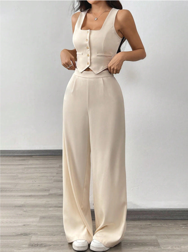 Conjunto Top Ajustado y Pantalón de Pierna Ancha de Talle Alto para Mujer