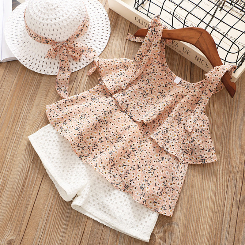 Conjunto de Dos Piezas con Tirantes Floral y Pantalones Cortos para Niña — Estilo Coreano
