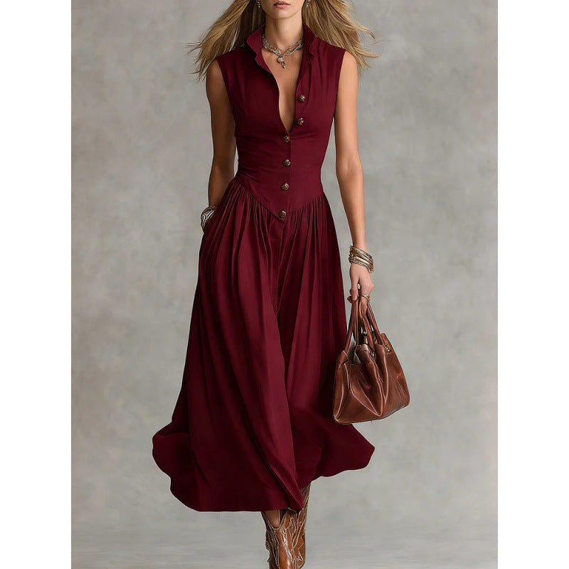 Elegante y sofisticado vestido largo sin mangas con cuello de solapa.