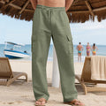 Pantalones de lino para hombre con cordón ajustable, múltiples bolsillos y pierna recta, ideales para el verano