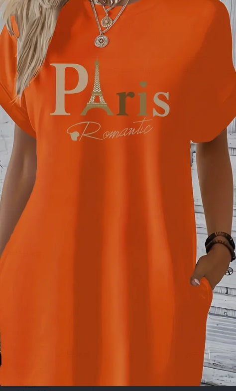 Vestido túnica midi con cuello redondo y estampado parisino - Estampado geométrico, elasticidad media, semitransparente, dos bolsillos, corte holgado, lavable a máquina, perfecto para primavera, verano y otoño - Vestido casual de manga corta para mujer