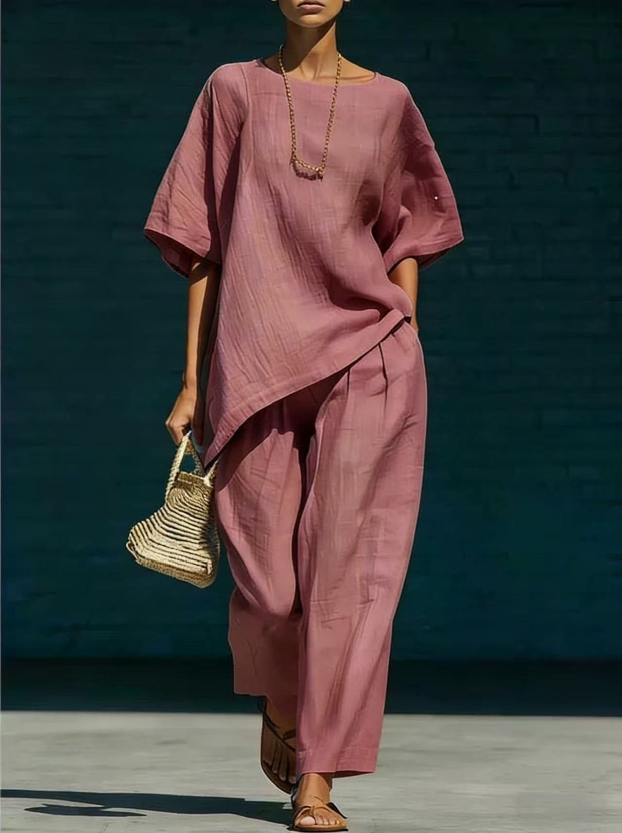 Conjunto de top de manga corta con bajo asimétrico y pantalón de pierna ancha.