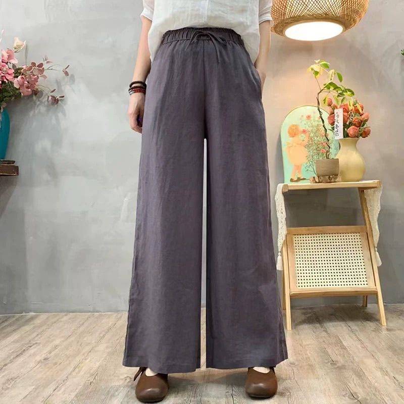 Pantalones holgados de talle alto de algodón y lino para mujer