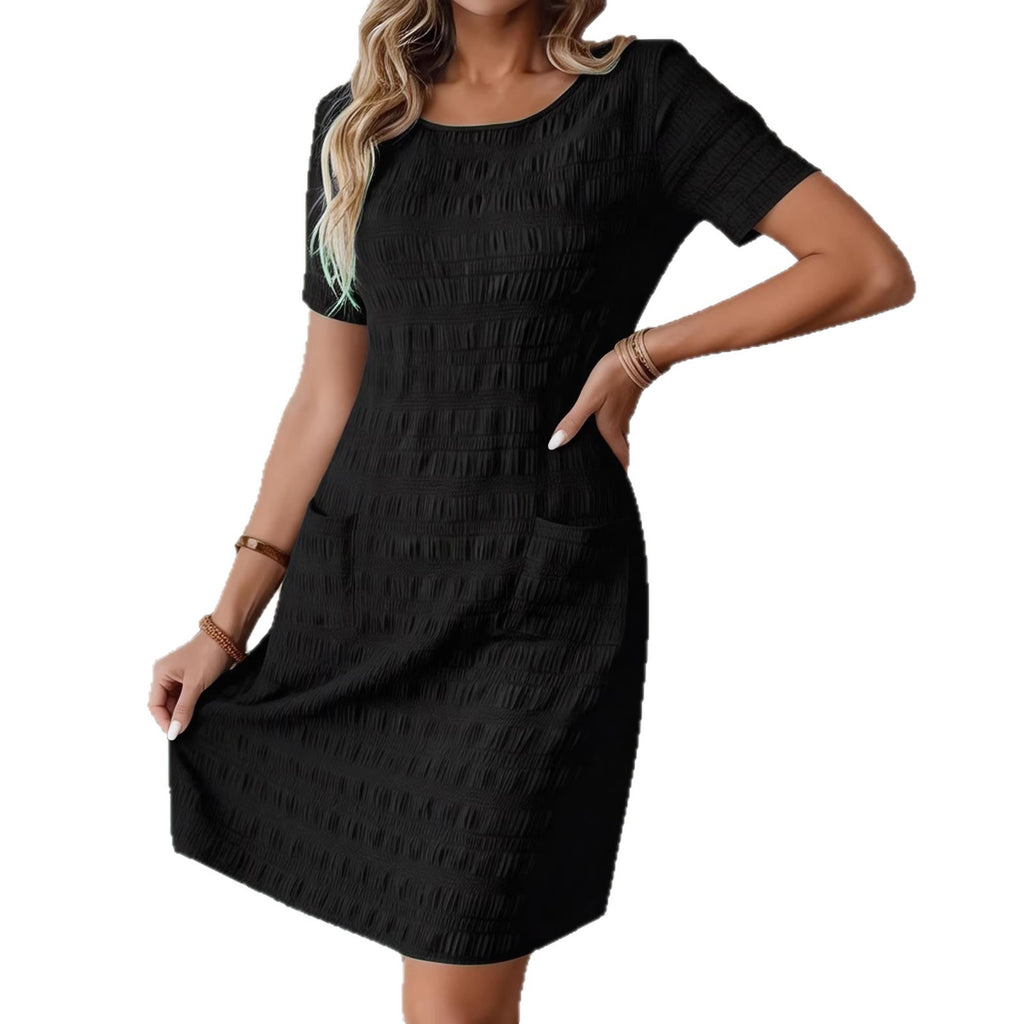 Women's plain colored round neck dress, non-stretch fabric.