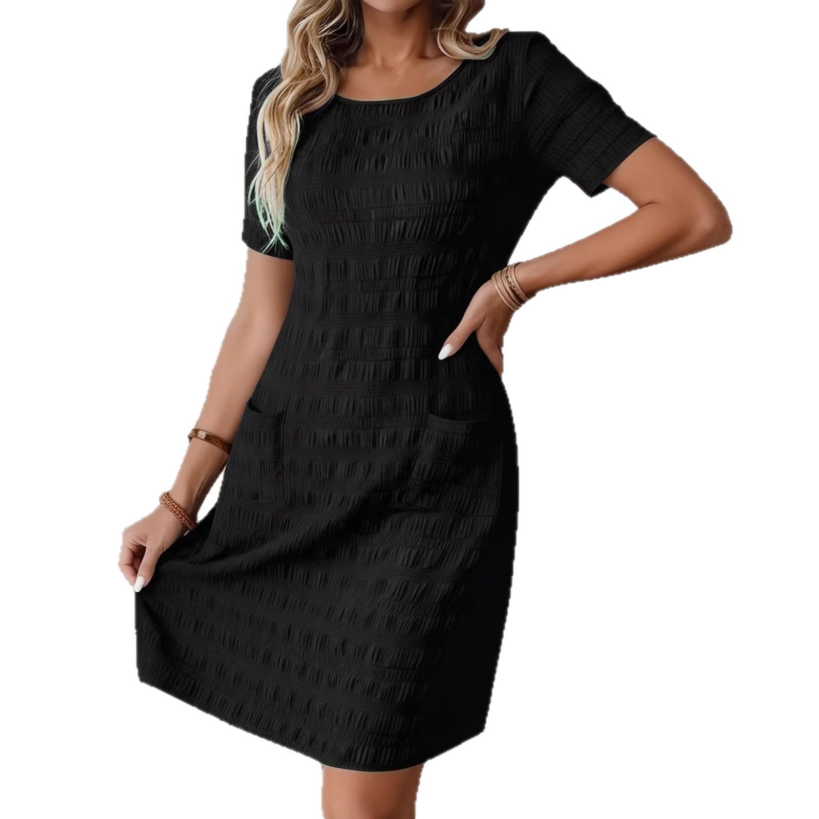 Vestido de mujer de color liso con cuello redondo, tejido no elástico.