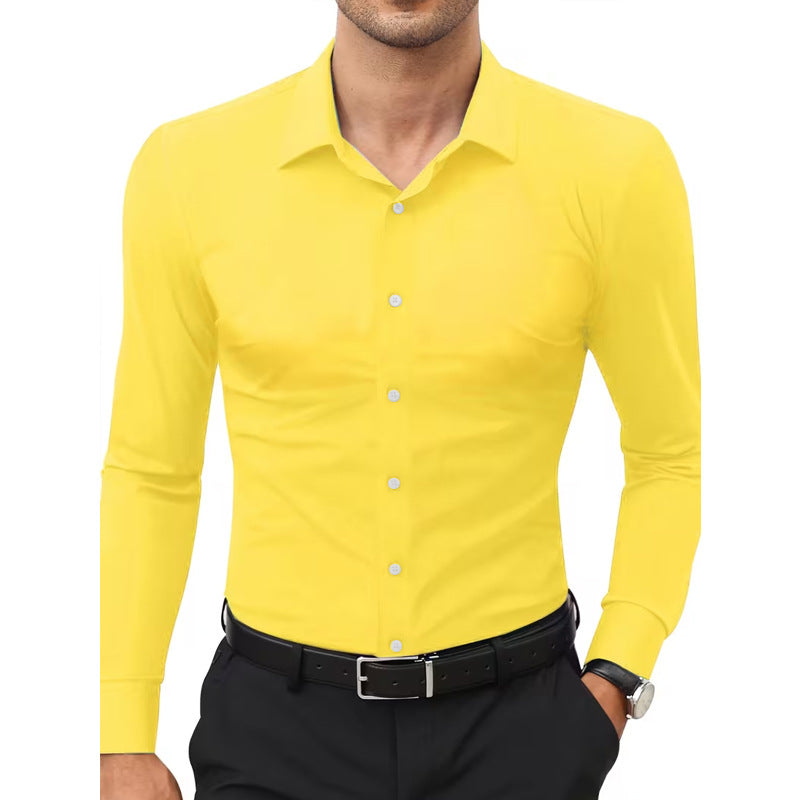Camisa blanca elástica de manga larga con botones para hombre, tallas grandes.