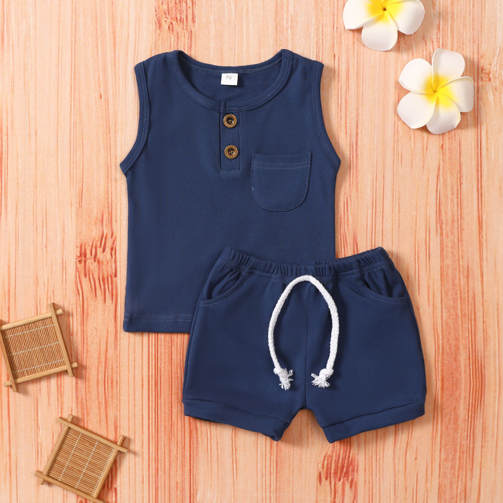 Two-piece outfit for boys: sleeveless top and shorts.