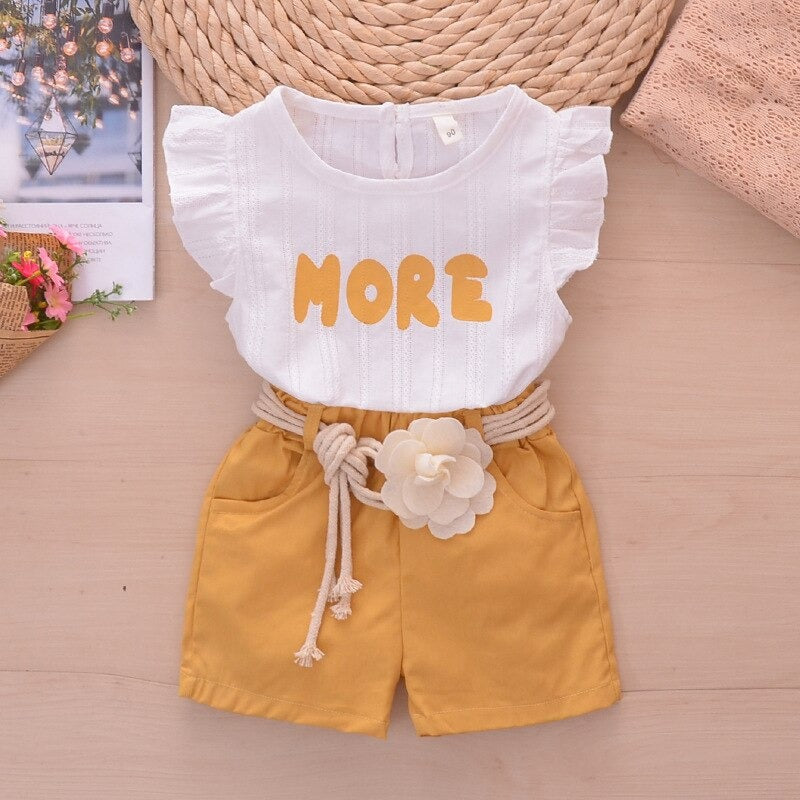 Conjunto Estilo Princesa con Volantes Jacquard y Cinturón de Flores para Niña — Algodón