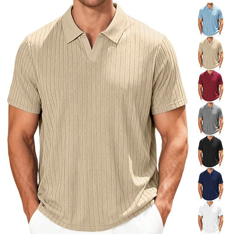 Camisa informal de manga corta a rayas con solapa de jacquard y tejido tipo toalla para hombre