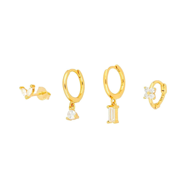Conjunto de pendientes apilables con circonitas y forma de flor de ojo de caballo geométrico