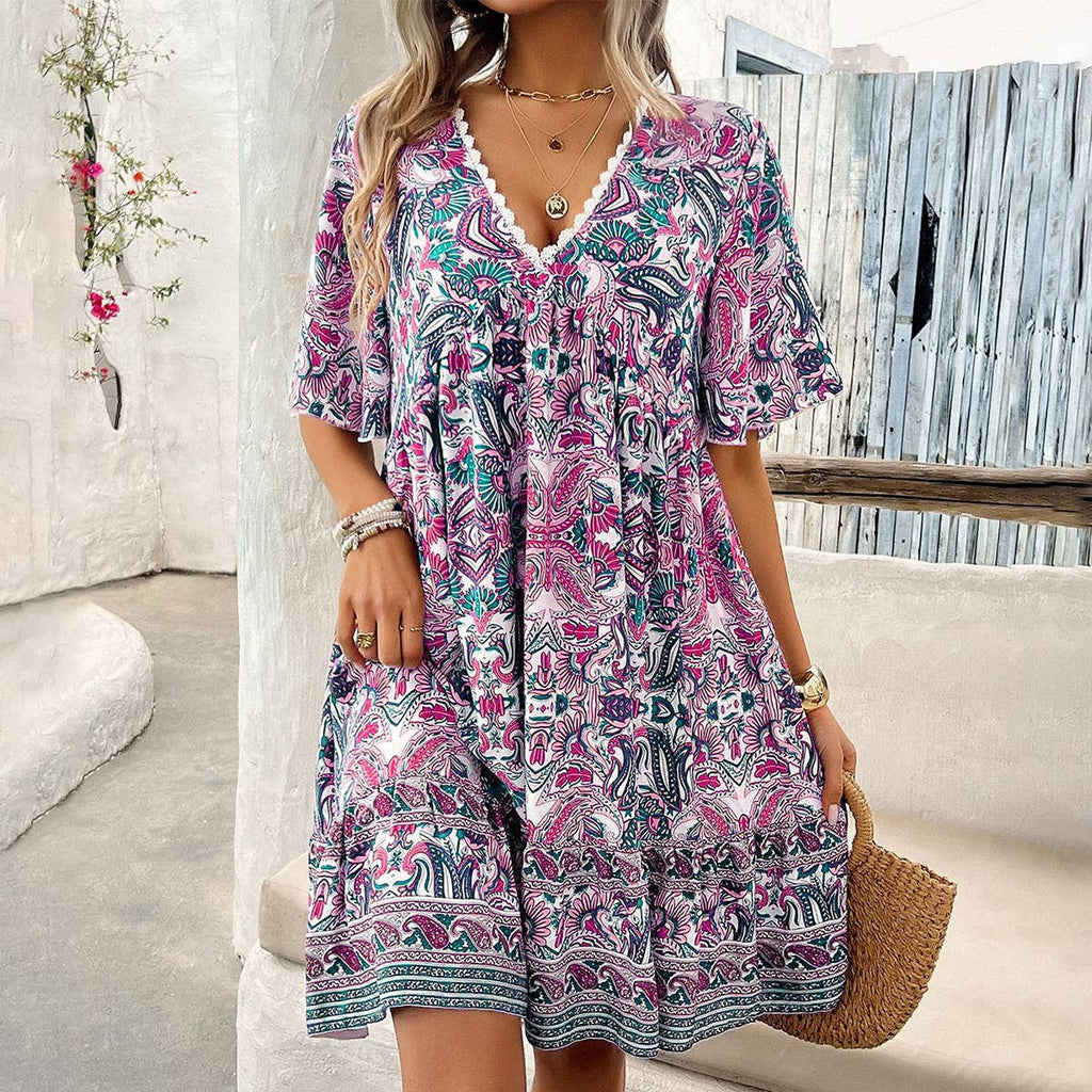 Printed V-neck short-sleeved dress, new spring collection.