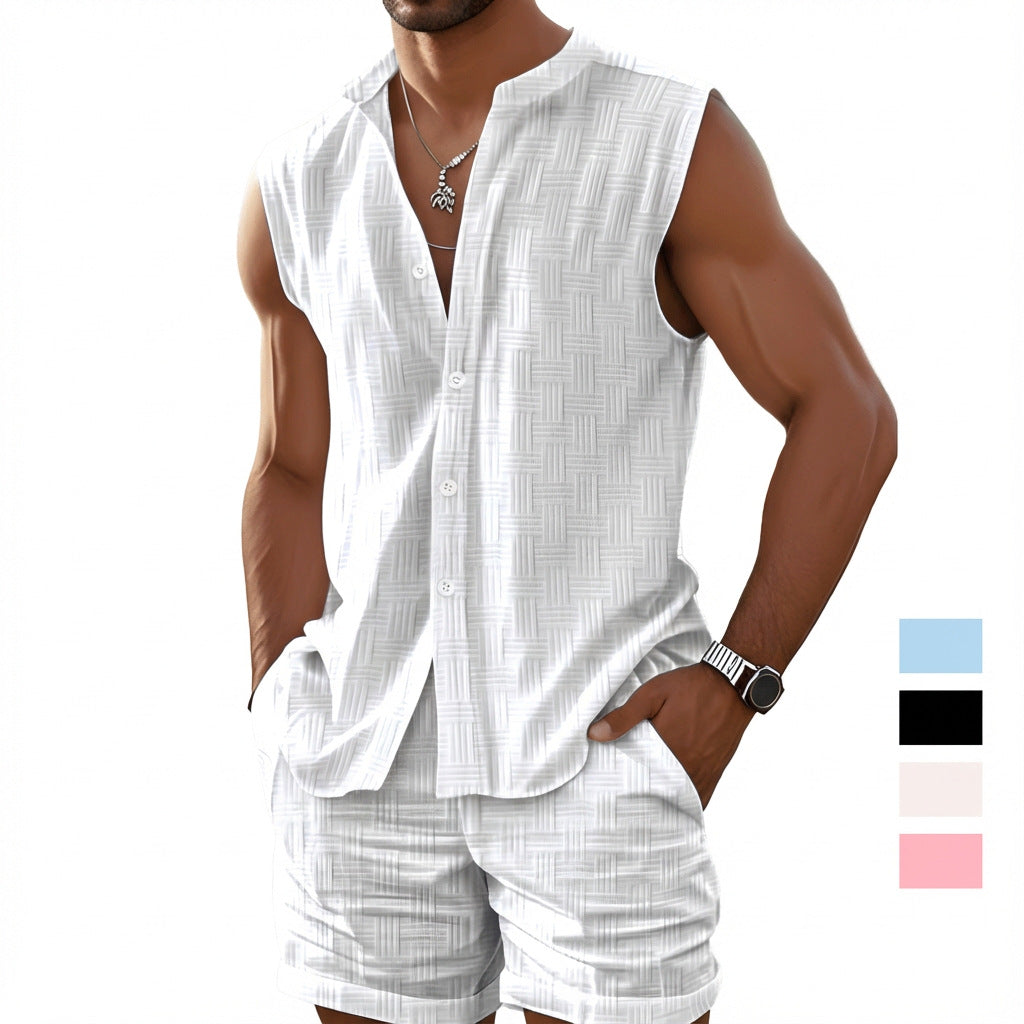 Conjunto deportivo informal sin mangas para hombre con cuello redondo