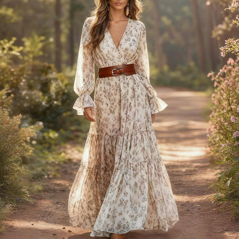 Vestido Estampado Floral Cuello en V para Mujer — Poliéster